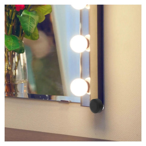 Four Pcs Copper Round Frameless Mirror Hanging Clips With Built Tough Zinc Alloy Brackets on a lighted mirror corner