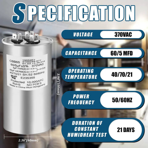 Specifications of RV Air Conditioner Motor Capacitor 60 5 MFD Replacement For RV A C Units Plug And Play Capacitor