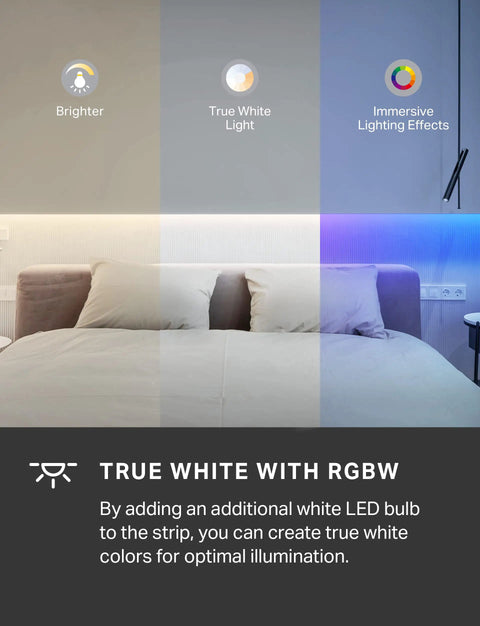 RGB LED Light Strip With Music Sync, 32.8ft Of Colorful Ambiance In 16 Million Colors, True white light illuminating a bedroom