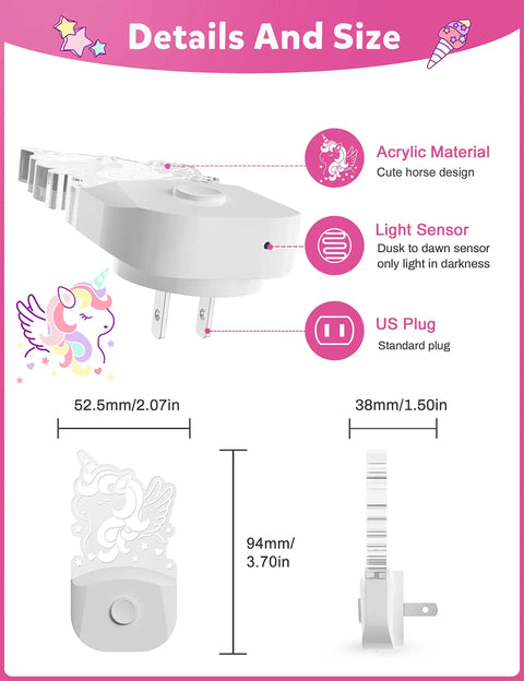 Diagram of 2 Pack Kids Night Light With Dusk To Dawn Sensor, 8 Color Changing LED Night Lights For Girls Bedroom, plug sizes shown
