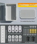 Weatherproof Outdoor Electrical Junction Box With Hinged Lockable Cover, Clear ABS Plastic Enclosure and mounting kit displayed.