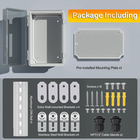Weatherproof Outdoor Electrical Junction Box With Hinged Lockable Cover, Clear ABS Plastic Enclosure and mounting kit displayed.