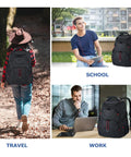 17.3 Inch Travel Laptop Backpack With TSA Friendly Layout shown in travel, school, and work settings, black color.