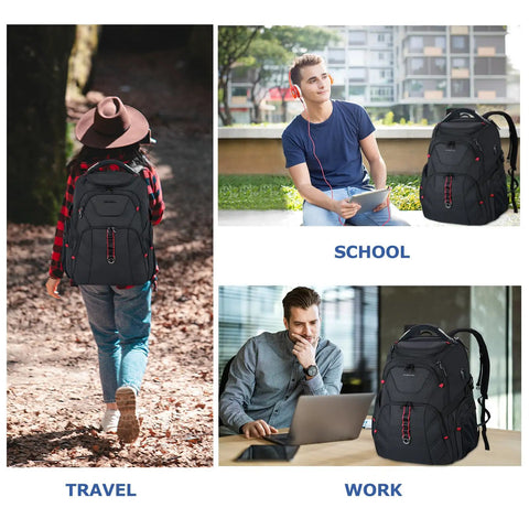 17.3 Inch Travel Laptop Backpack With TSA Friendly Layout shown in travel, school, and work settings, black color.