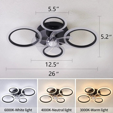 26 Inch Geometric Ceiling Fan With Lights Remote Control Bladeless Low Profile Design For Kitchen And Bedroom showing light options