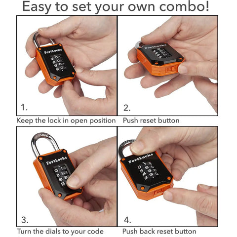 Instructional steps for setting combination on Orange 2 Pack 4-Digit Combination Pad Locks Heavy Duty Waterproof Resettable Security Latches For Gym Bags Luggage Lockers With Hardened Steel Shackle And Zinc Alloy Body