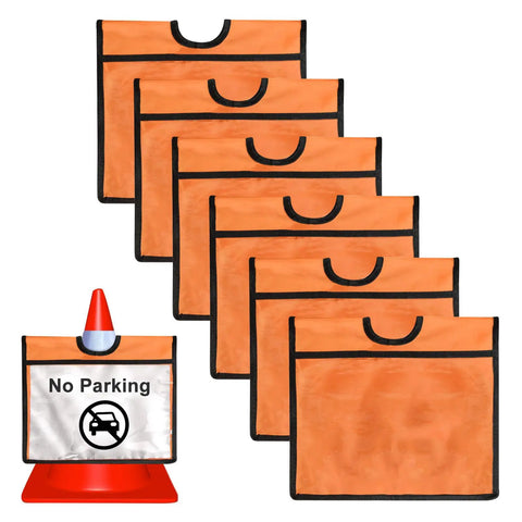 Six Pack Orange Traffic Cone Sleeves With Pockets For Caution Signs And Outdoor Safety Signals Durable Oxford Cloth PVC Cover 22 Inch Length 13 Inch Wide 3 Inch Hole Great For Sports Training And Events