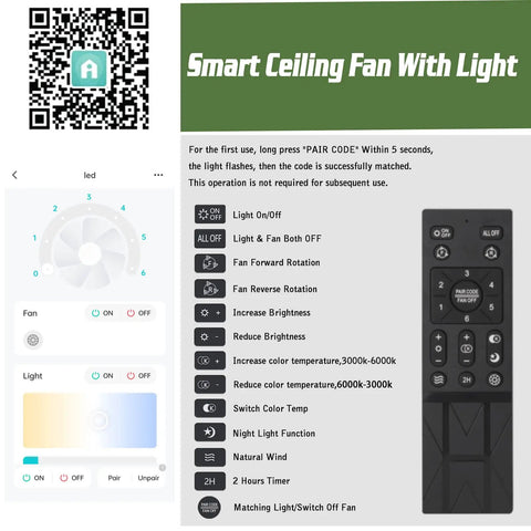 Remote control for Bladeless 20 Inch Ceiling Fan With Remote Control Lights, 3 Color Temperatures, 6 Speed Wind, Dimmable LED