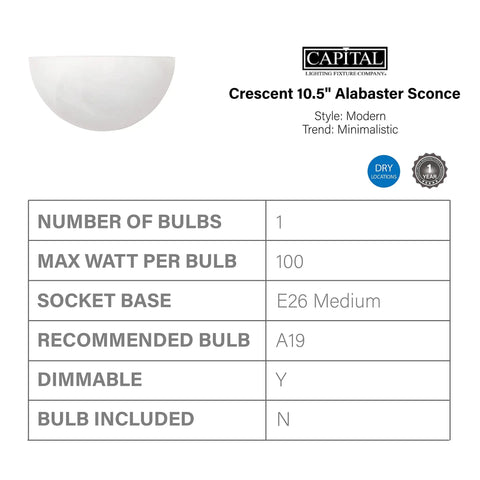 Product details for Sleek Crescent Modern Minimalist Faux White Alabaster Glass Bowl Wall Sconce 1 Light 100W Max E26 Socket