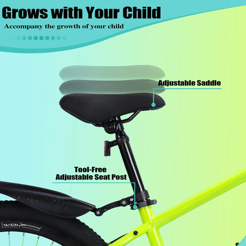 Adjustable seat of 24 Inch Kids Mountain Bike For Boys And Girls Ages 8 To 12 With Front Suspension Fork Single Speed Design