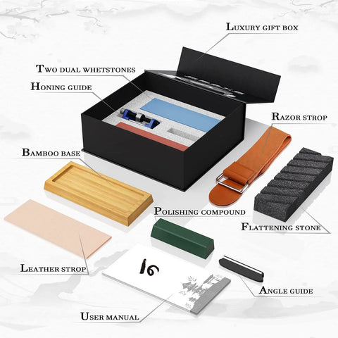 Japanese Whetstone Sharpener Set 400 1000 And 3000 8000 Grit Water Stones with accessories layout in luxury box.