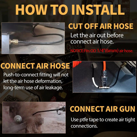 Heavy Duty Air Blow Gun Kit With 30 Foot Coiled Hose And Dual Head Tire Chuck Zero Leak Accessory Set installation guide with steps.