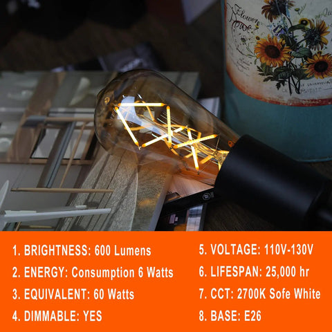 Dimmable LED Edison Bulbs ST64 2700K Soft White Amber Glass Vintage Filament Lights With E26 Base 60 Watt Equivalent, 6W 600LM