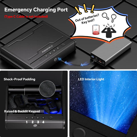 Biometric Pistol Safe With Quick Access Fingerprint, Voice Guided Navigation, Type C Port, LED Interior Light, Steel Cable Included