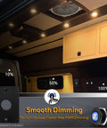 Built Tough 12 Volt Light Dimmer PWM Switch For RV And Boat Featuring Sleek Blue Backlight in van interior with dimming levels