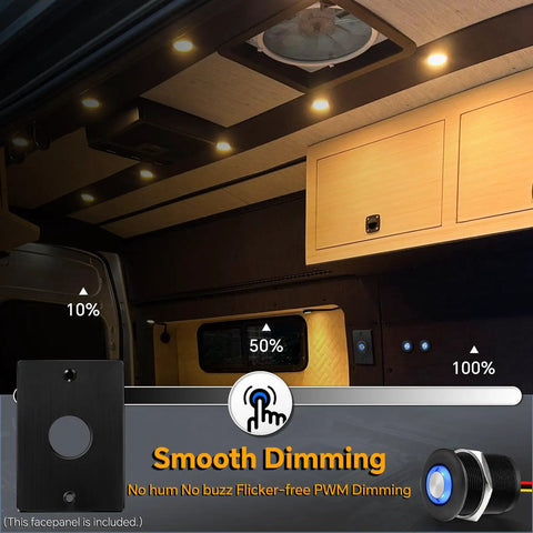 Built Tough 12 Volt Light Dimmer PWM Switch For RV And Boat Featuring Sleek Blue Backlight in van interior with dimming levels
