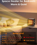 Dope Portable 1500W Desk Space Heater With PTC Ceramic Heating next to a sleeping child on a bed, showing warmth and noise chart