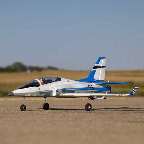 Viper 30mm EDF RC Jet Airplane BNF Basic With Safe And AS3X Stability on runway, blue and white design.