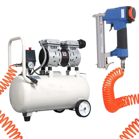 Kickass 20 Gauge Pneumatic Brad Nailer For 10 To 22 Millimeter Nails with compressor and hose for finish carpentry.