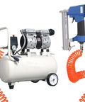 Professional Pneumatic Brad Nailer Built Knockout Tough For Woodworking Jobs with air compressor and orange hose.