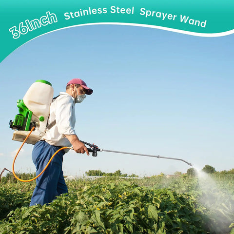 Man using 36 Inch Sprayer Wand Replacement With Adjustable Universal Fit No Bend Design Three Eighths Brass Barb Stainless Steel Construction Includes Shutoff Valve And Two Hose Clamps For Easy Comfortable Weed Spraying in field
