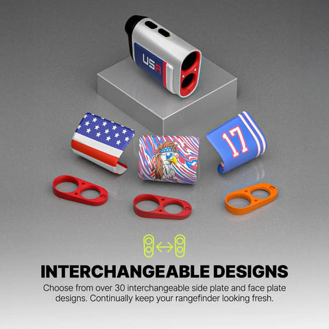 NX10 Golf Rangefinder With Adaptive Slope And Pulse Vibration Feedback, 6X Zoom, shown with interchangeable sideplates