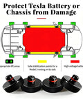 Top-down view of four black Tesla jack pads with red rings (4-pack) beside a vehicle diagram.