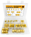 Brass compression fittings set, 46 pcs in plastic case, with 1/8 to 1/2 inch OD tubing sizes.