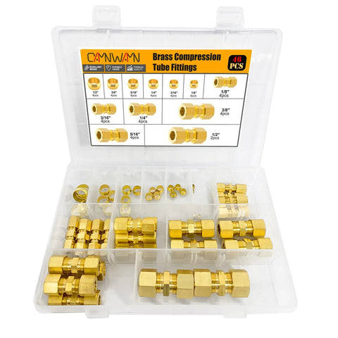 Brass compression fittings set, 46 pcs in plastic case, with 1/8 to 1/2 inch OD tubing sizes.