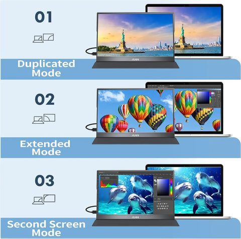 15.6 Inch Portable Monitor Fhd 1080P Usb Type C Hdmi IPS Glare Free Gaming Laptop External Display showing duplicated, extended, and second screen modes.