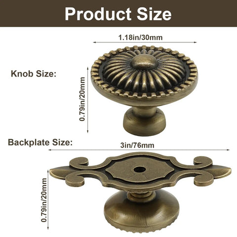 Eight Pack Vintage Brass Cabinet Knobs With Mushroom Backplate showing knob and backplate dimensions in inches and mm.