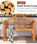 Foldable Outdoor Eucalyptus Wood Bench For Two 49 Inch Wide Two Person Loveseat in patio setting with plaid blanket