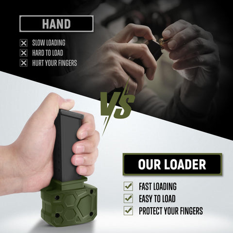 Plastic Magazine Speed Loader For 9mm And 40sw Quick And Pain Free Reload Reduces Hand Strain, with green compact design.
