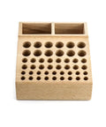Front view of Pro Grade Leatherworking Tool Rack Beech Wood 46 Hole Organizer Box with 2 Slots for Punching Tools