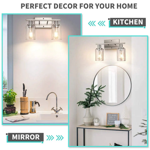 Modern Two Light Vanity Light Fixture In Brushed Nickel With Clear Glass Shades over kitchen and bathroom mirrors