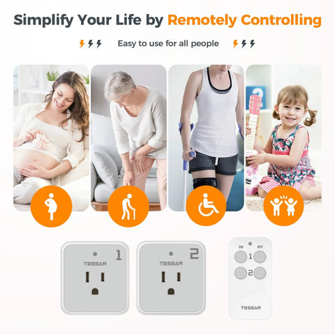 Remote Control Outlet Plug Set With One Remote And Two Outlets, Wireless Light Switch Kit for lamps and appliances displayed.