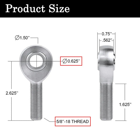 Five Eighth Inch Heim Joints Rod End Kit Four Pack With Right And Left Hand Threads Chromoly Zinc Coated Jam Nuts Included Panhard Suspension Linkage For Heavy Duty Beefed Up Off Road Trucks And SUVs. Size diagram showing 5/8-18 thread