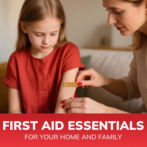 Adhesive bandage on a child's forearm being applied by an adult.
