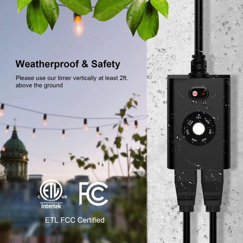 Outdoor Timer With Auto Light Sensor Dusk To Dawn, Waterproof Plug-In Socket With Two Grounded Outlets For Holiday Decor, close-up view of button panel and dual outlets.