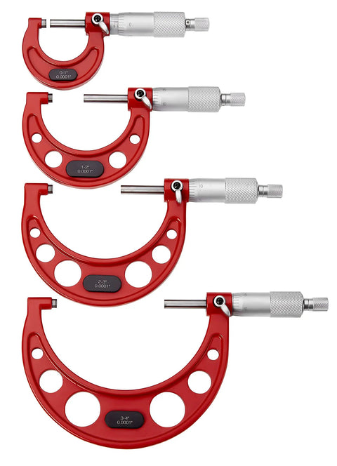 Pro Grade Outside Micrometer Set 0 To 4 Inches With Microfine 0.0001 Inch Readings, Includes Four Carbide Outside Micrometers