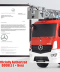 Benz Licensed Remote Control Fire Truck Toy With Realistic Alarm Lights, showing ladder detail and official authorization certificate.