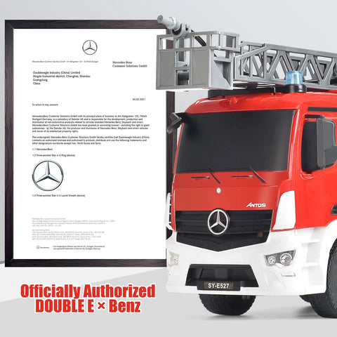 Benz Licensed Remote Control Fire Truck Toy With Realistic Alarm Lights, showing ladder detail and official authorization certificate.