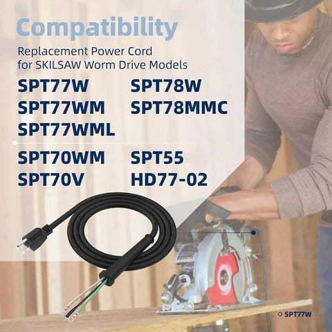 Heavy Duty Rock Solid Replacement Power Cord For Skil SPT77W SPT78W SPT55 Worm Drive Circular Saw, compatibility chart with electrical cord.
