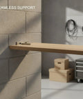 2.8 Inch Nickel Plated Steel Hidden Shelf Bracket for Invisible Floating Wall Mounts installed on wall, supporting wooden shelf