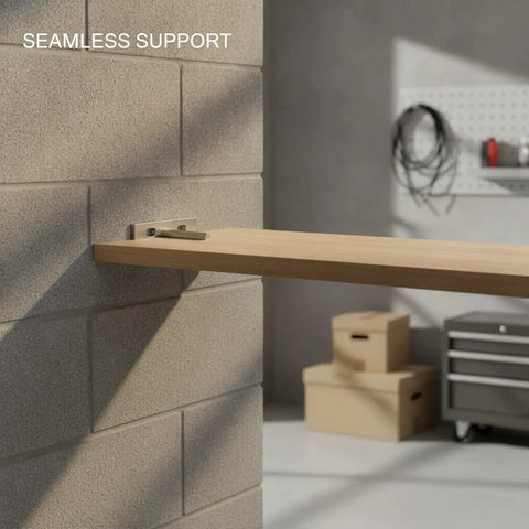 2.8 Inch Nickel Plated Steel Hidden Shelf Bracket for Invisible Floating Wall Mounts installed on wall, supporting wooden shelf