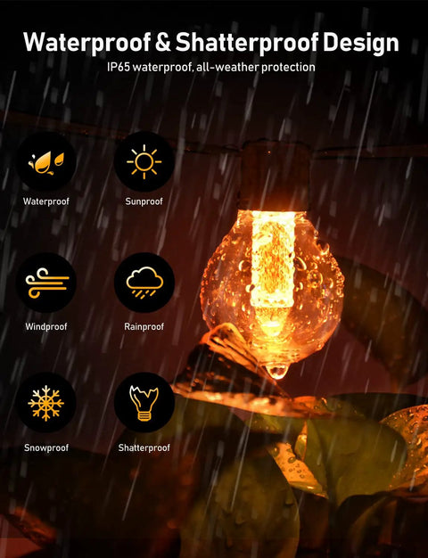 Lit Dimmer Enabled Outdoor String Lights 100Ft LED Patio with waterproof G40 bulb in rain, showing shatterproof design and app control features.