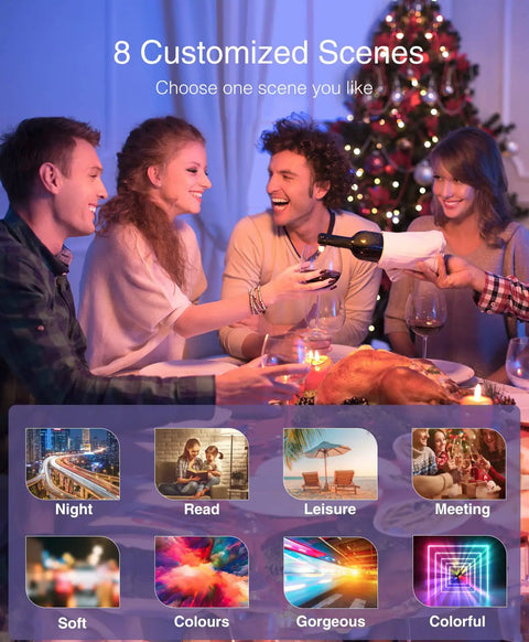 Friends enjoying dinner with Smart A19 Color Changing LED Bulbs 4 Pack With Dimmable RGB Lighting 2700K Warm White