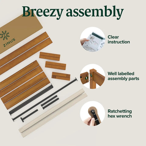 Heavy Duty 14 Inch Bamboo Platform Bed Frame Twin Size With No Box Spring Needed Zero Sweat Setup parts and assembly tools laid out.