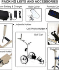 Electric Golf Push Cart With Wireless Remote And Three Wheel Frame For Lazy Tee Time Cruising and included accessories.
