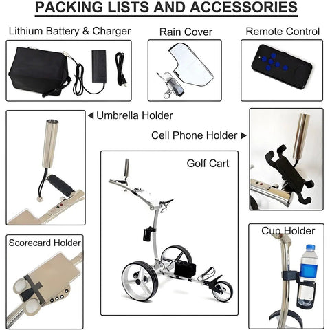 Electric Golf Push Cart With Wireless Remote And Three Wheel Frame For Lazy Tee Time Cruising and included accessories.